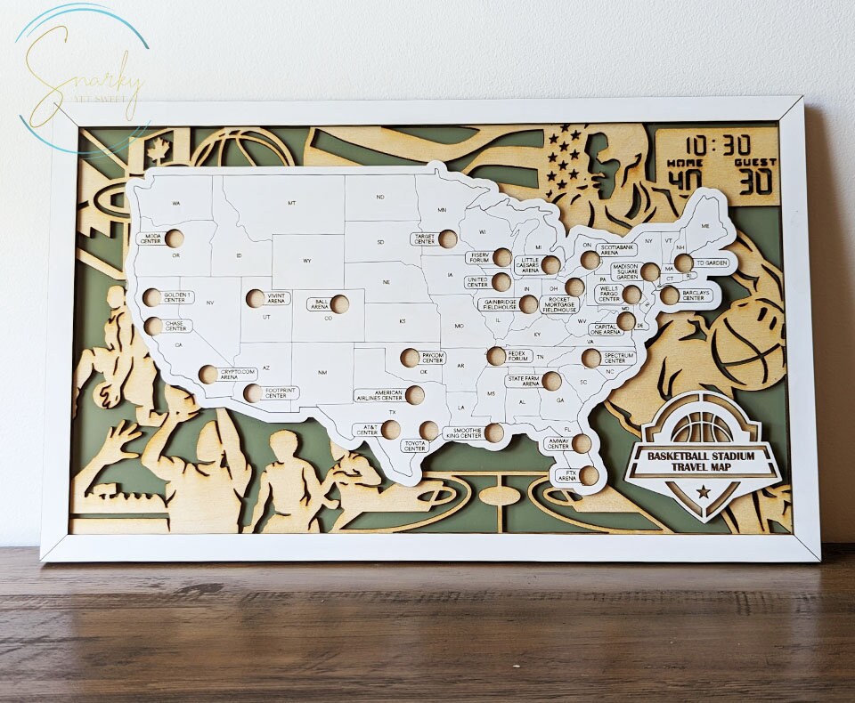 Basketball stadium map, pro basketball stadium tracker, NBA stadium travel map, gift for basketball lover, gift for men