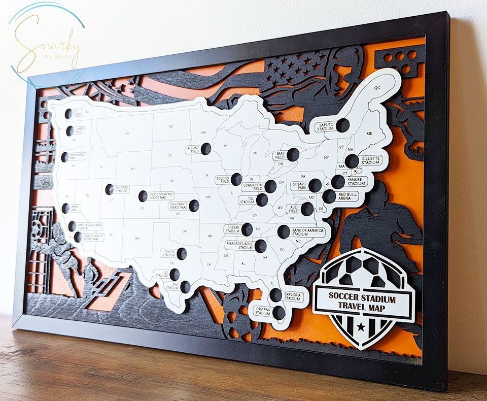 Soccer stadium map, pro soccer stadium tracker, NSL stadium travel map, gift for soccer lover, gift for men