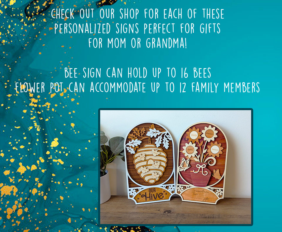 Bee family laser cut sign, Mother's Day personalized gift, kids name sign, bee sign, gift for Grandma, family member name sign, gift for Mom