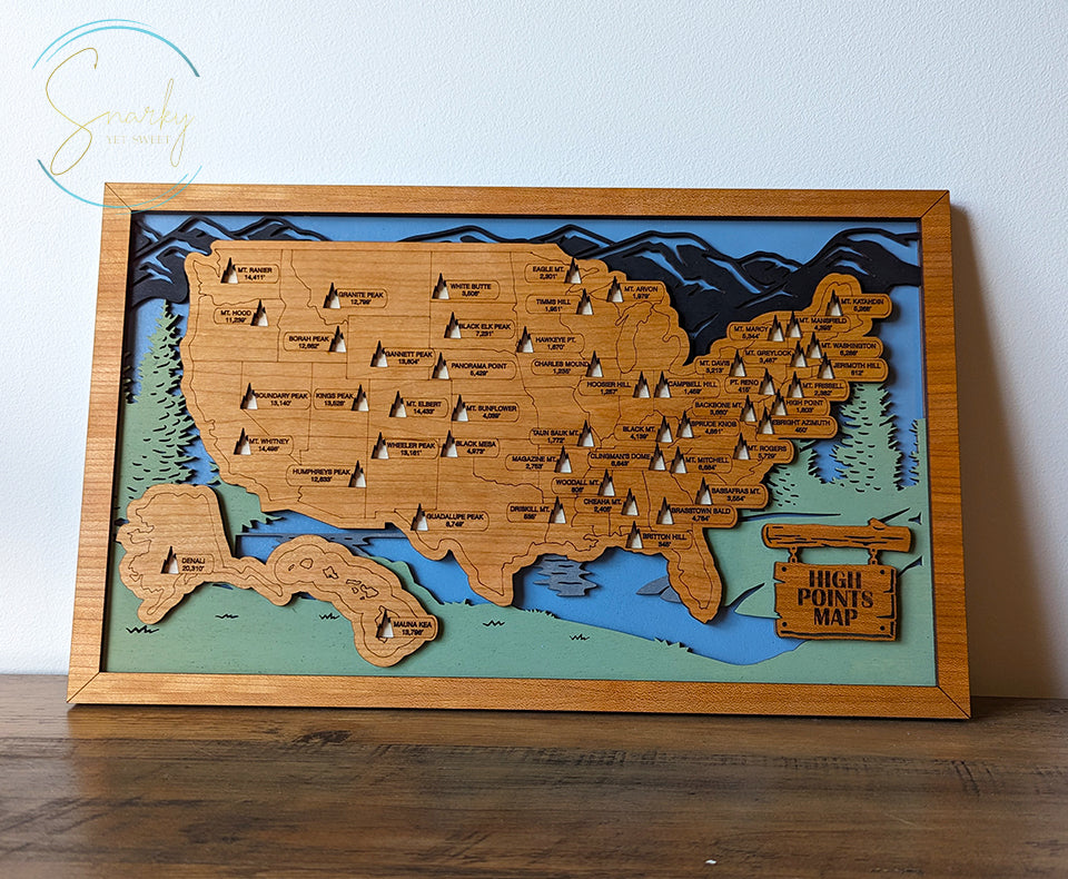 High points map, tallest mountain map, Highest peak state map, travel map, travel home decor, gift for hiker, mountain peaks