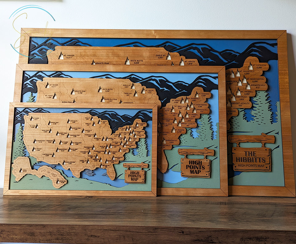 High points map, tallest mountain map, Highest peak state map, travel map, travel home decor, gift for hiker, mountain peaks