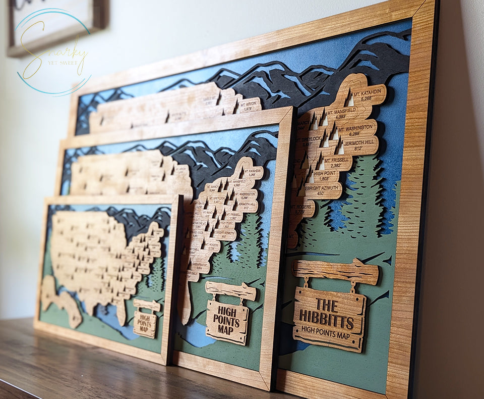 High points map, tallest mountain map, Highest peak state map, travel map, travel home decor, gift for hiker, mountain peaks