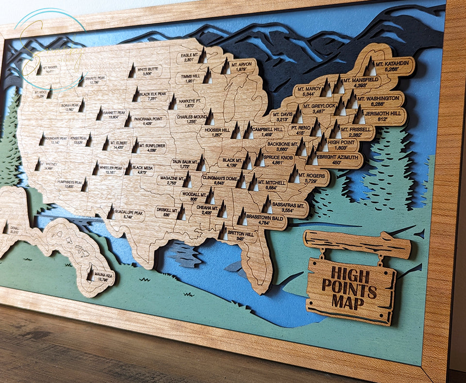 High points map, tallest mountain map, Highest peak state map, travel map, travel home decor, gift for hiker, mountain peaks