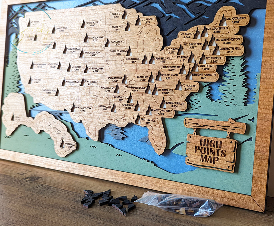High points map, tallest mountain map, Highest peak state map, travel map, travel home decor, gift for hiker, mountain peaks