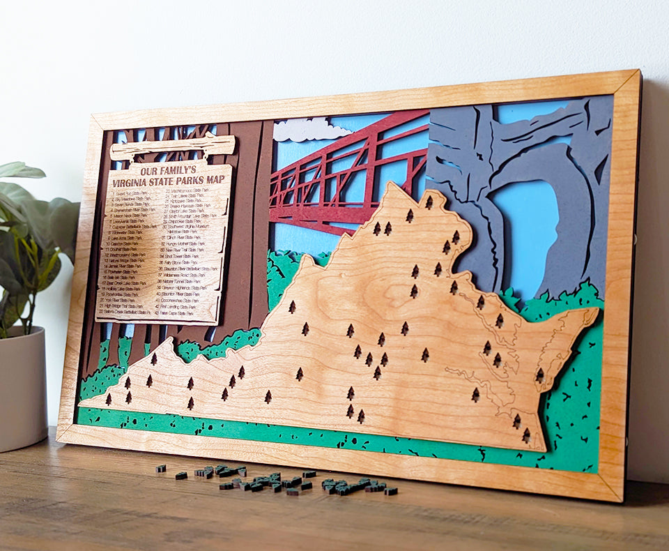 Virginia State Park Map, State Parks Marker, US Travel Map, family road trip tracker, bucket list map, gift for hiker, Virginia State Sign