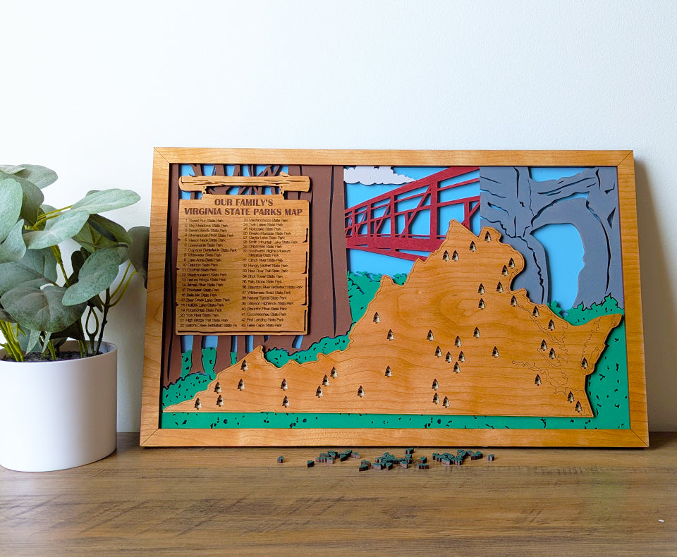 Virginia State Park Map, State Parks Marker, US Travel Map, family road trip tracker, bucket list map, gift for hiker, Virginia State Sign