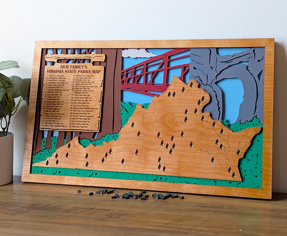 Virginia State Park Map, State Parks Marker, US Travel Map, family road trip tracker, bucket list map, gift for hiker, Virginia State Sign