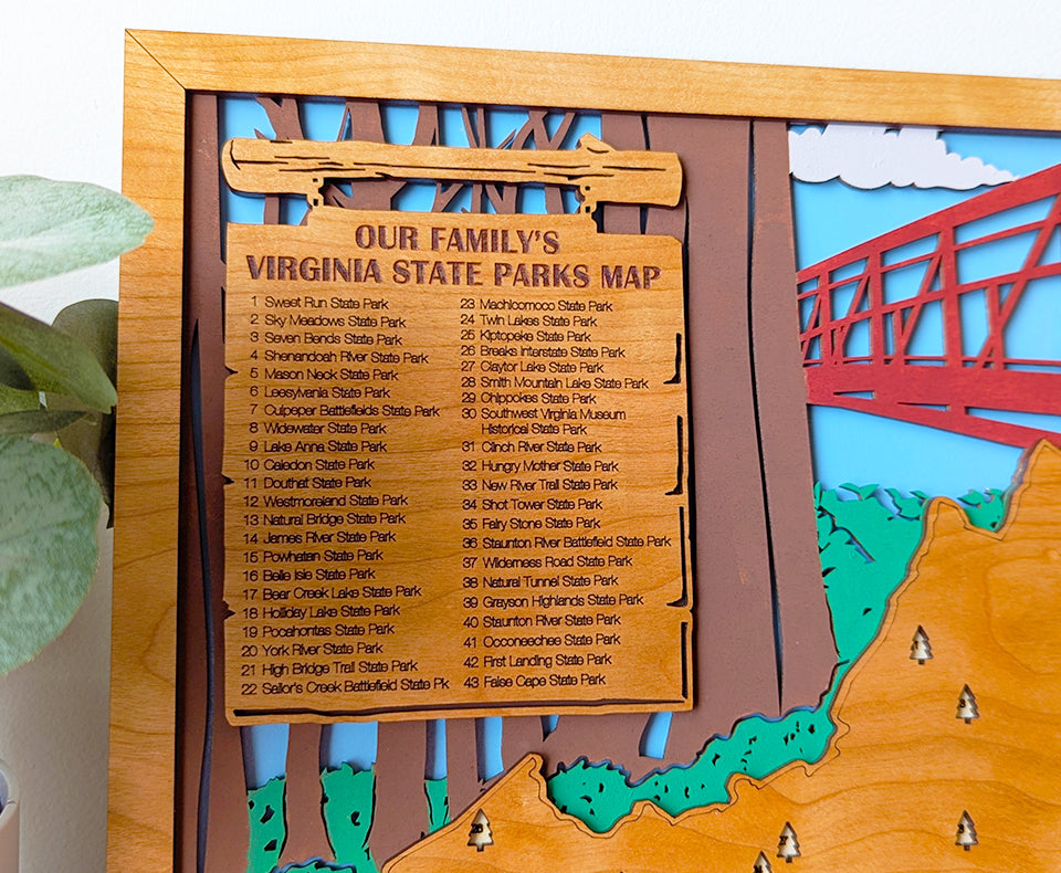 Virginia State Park Map, State Parks Marker, US Travel Map, family road trip tracker, bucket list map, gift for hiker, Virginia State Sign