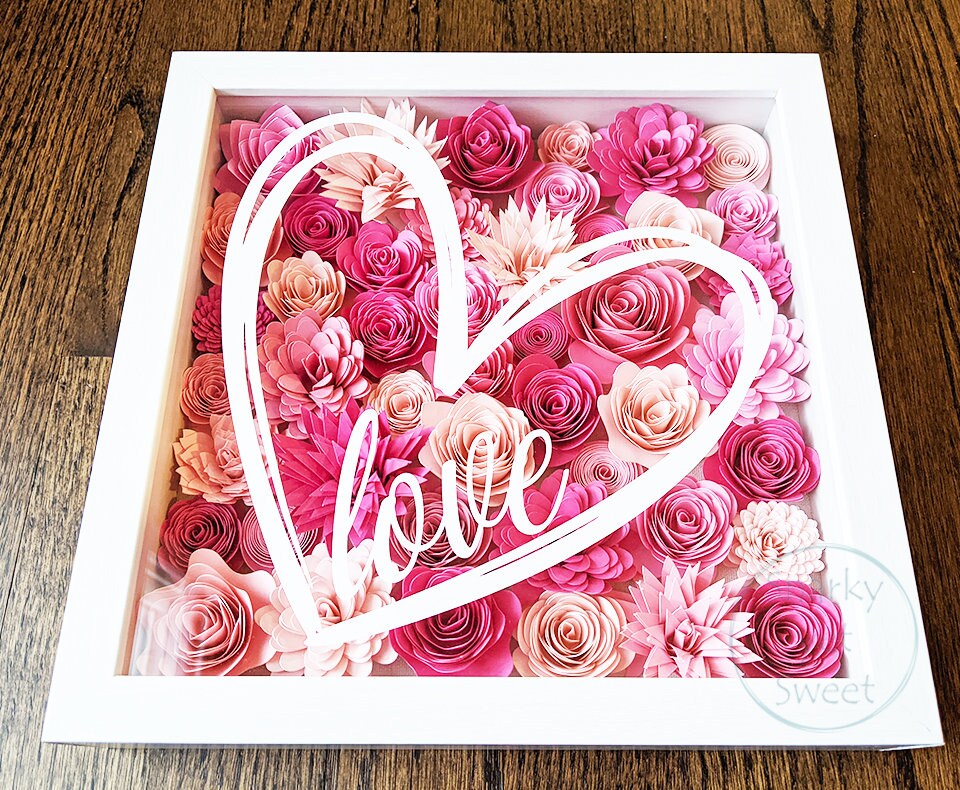 Love heart Valentine's rolled paper flower shadow box home decor