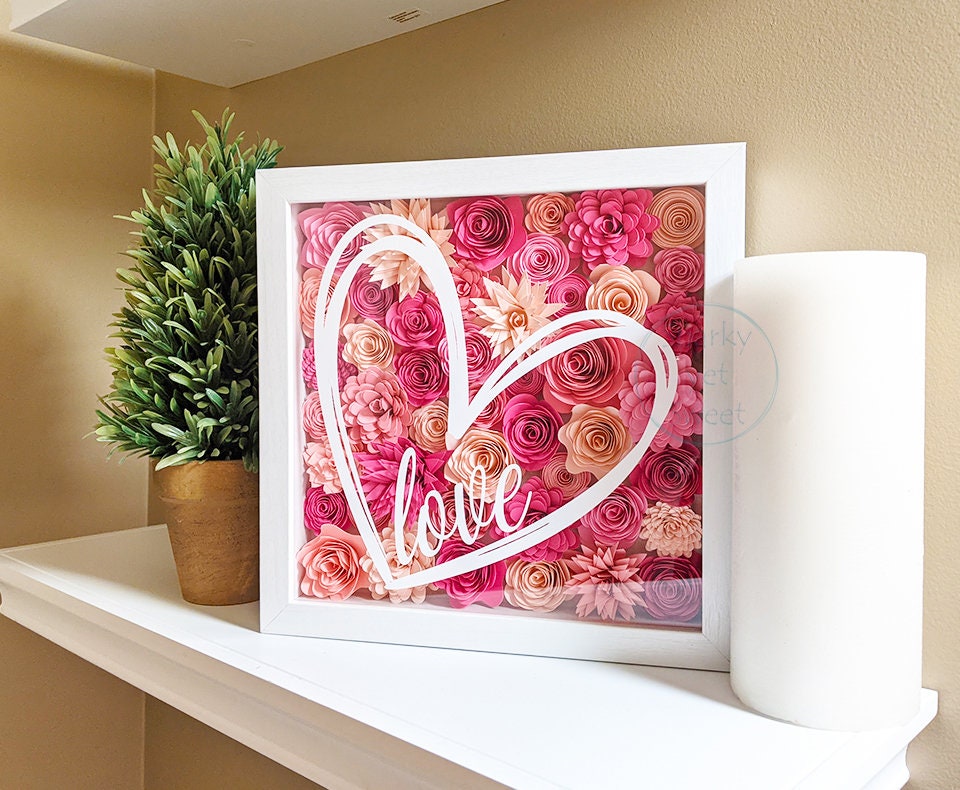 Love heart Valentine's rolled paper flower shadow box home decor