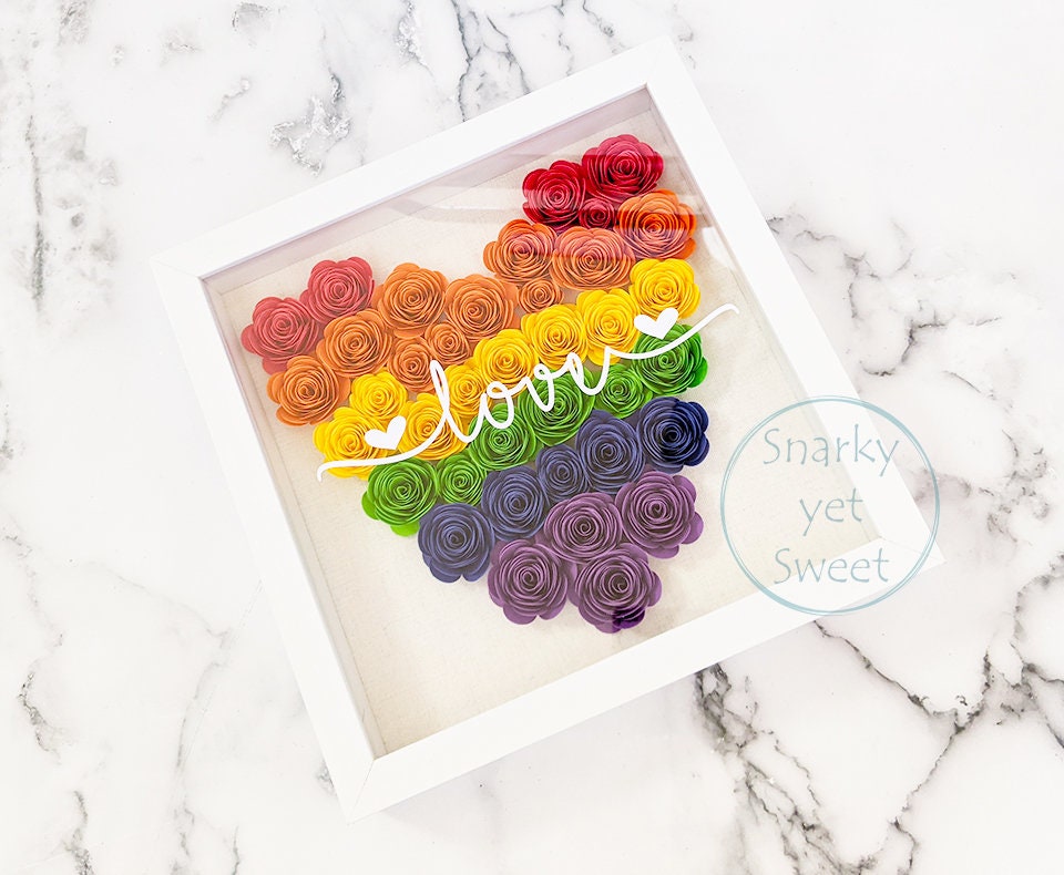 Rainbow Love, paper flower shadow box, LGBTQIA home decor, love is love sign, pride decor, gift for girlfriend lesbian, lgbtq decor