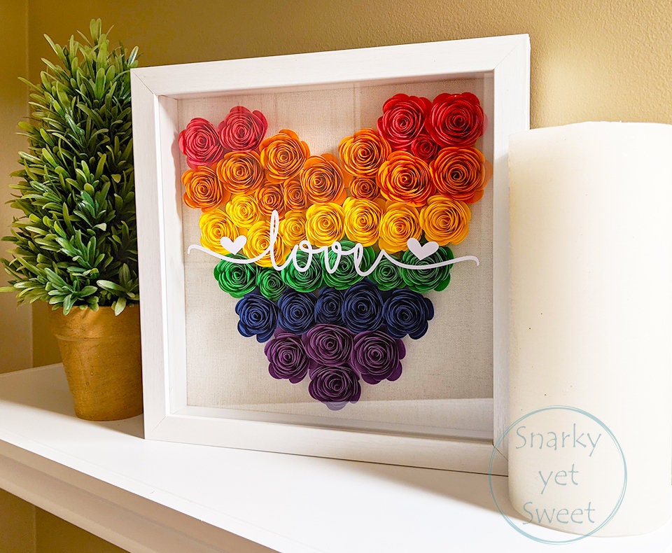 Rainbow Love, paper flower shadow box, LGBTQIA home decor, love is love sign, pride decor, gift for girlfriend lesbian, lgbtq decor
