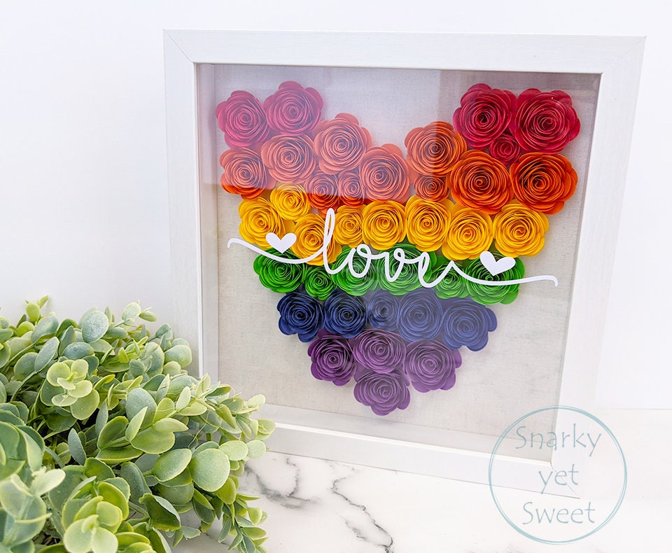 Rainbow Love, paper flower shadow box, LGBTQIA home decor, love is love sign, pride decor, gift for girlfriend lesbian, lgbtq decor