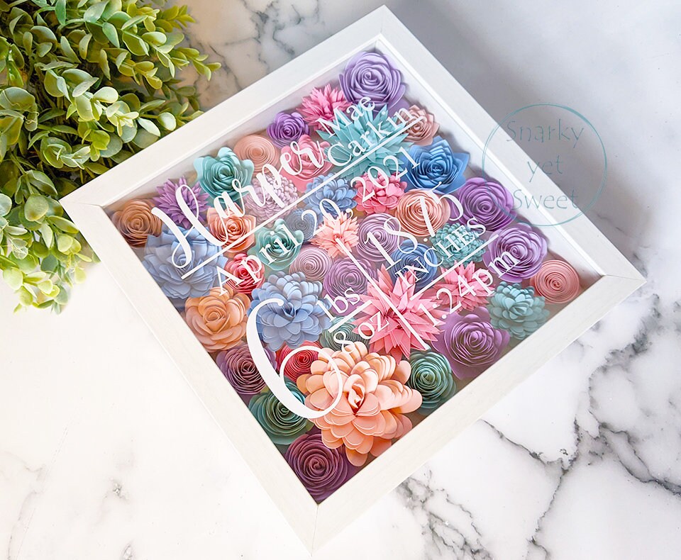Birth stats paper flower shadow box, nursery decor, baby gift, birth stats sign, nursery paper flower wall decor, birth stats shadow box