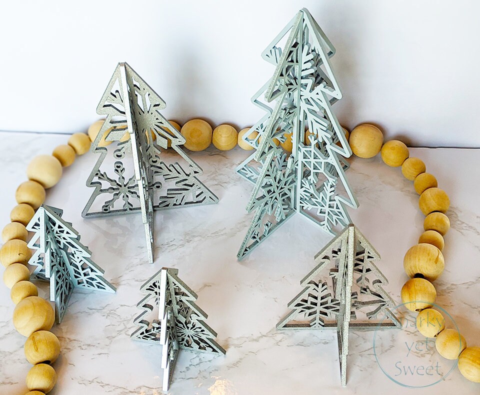 3d laser cut standing wood tree set, home decor, 3d trees, patterned trees, Christmas decor, shelf sitters