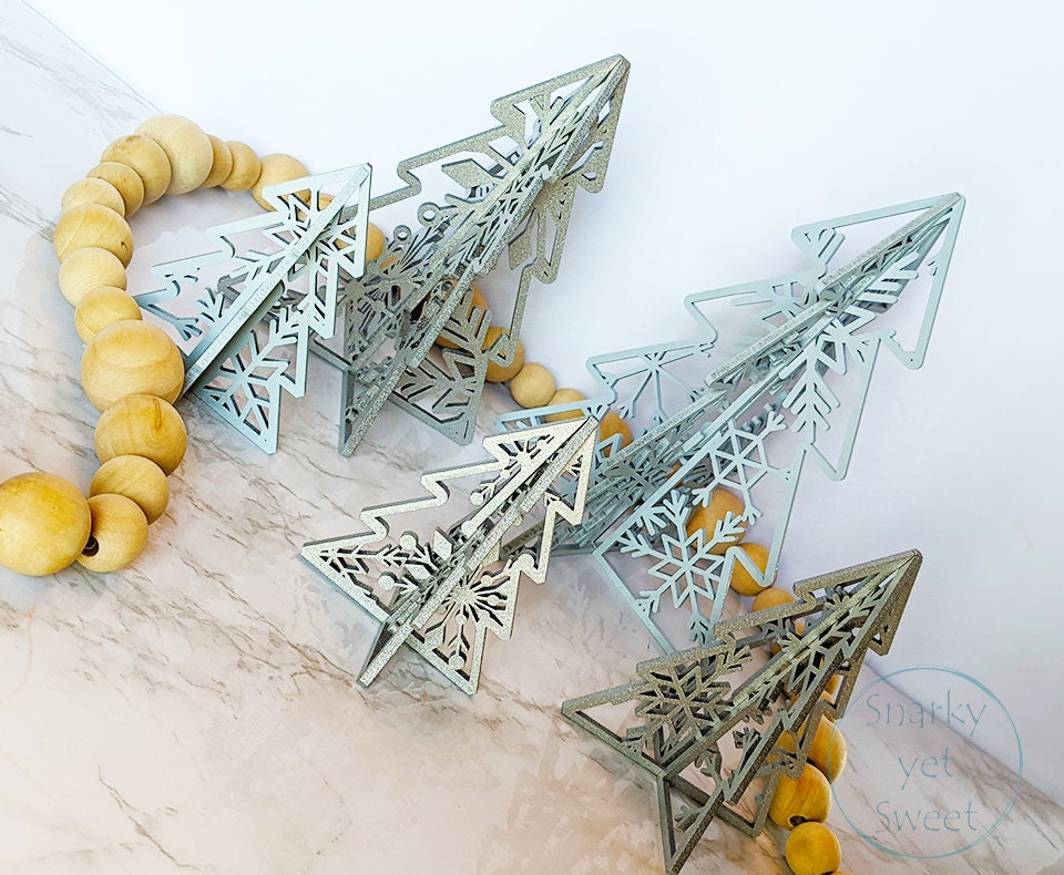 3d laser cut standing wood tree set, home decor, 3d trees, patterned trees, Christmas decor, shelf sitters
