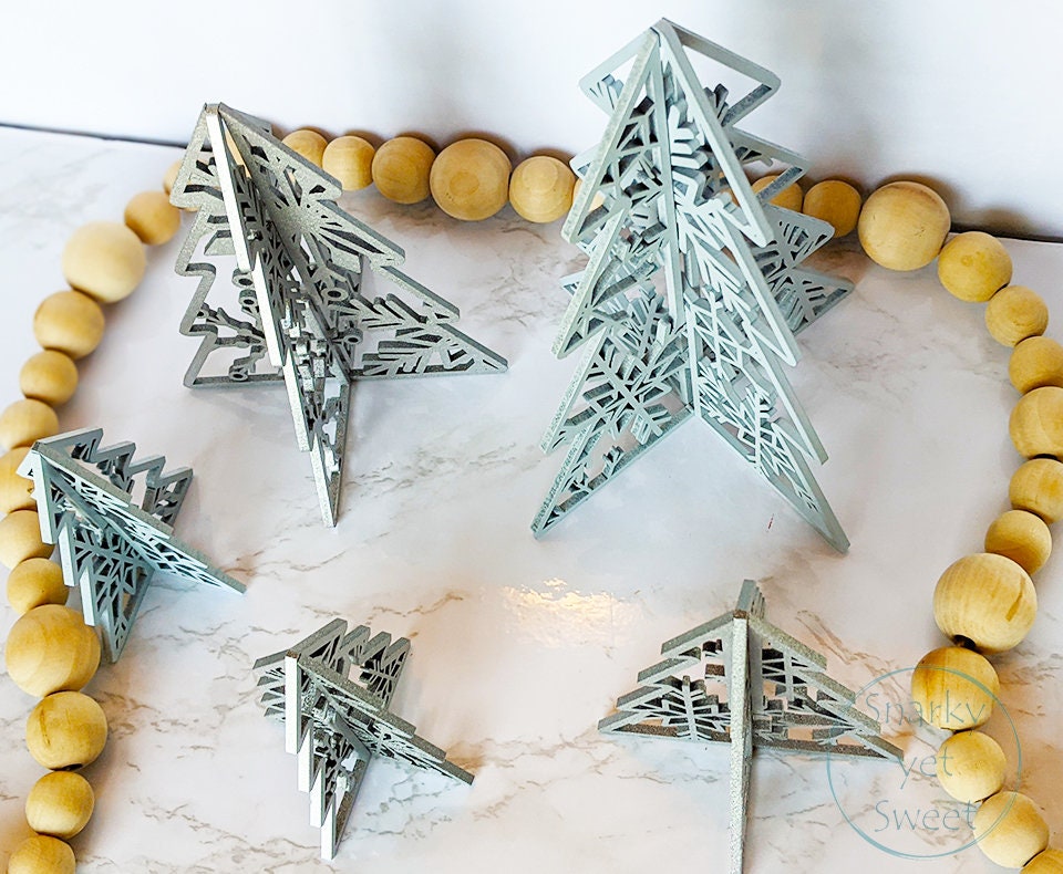 3d laser cut standing wood tree set, home decor, 3d trees, patterned trees, Christmas decor, shelf sitters
