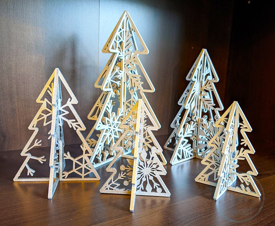 3d laser cut standing wood tree set, home decor, 3d trees, patterned trees, Christmas decor, shelf sitters