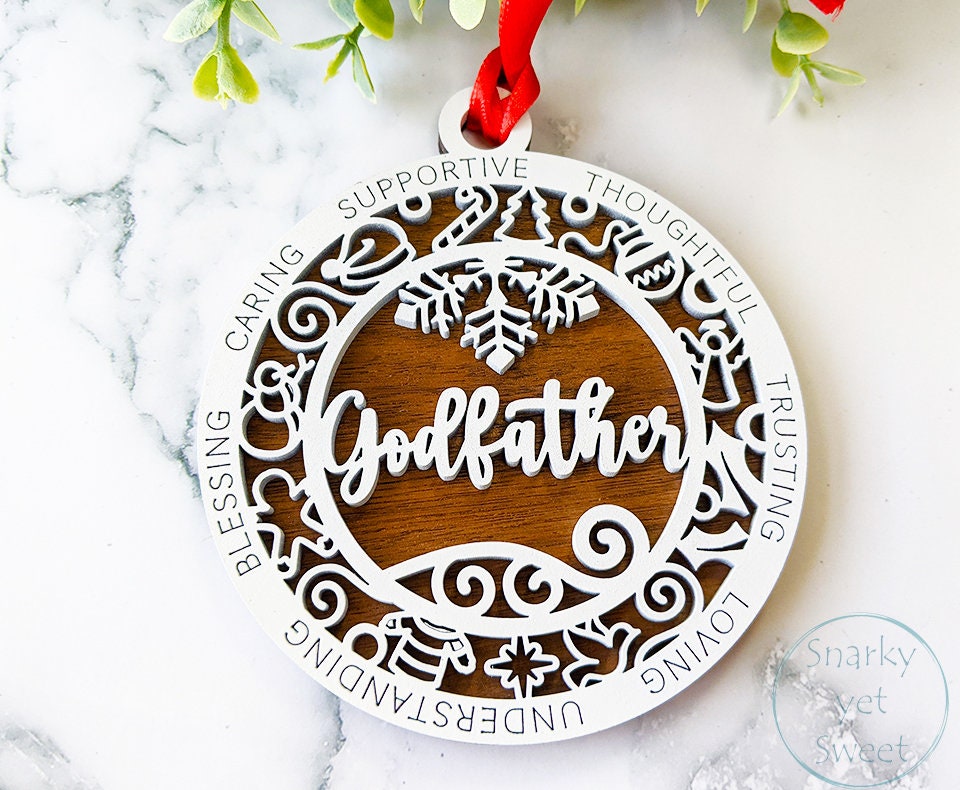 Godfather layered ornament, godfather ornament, godparent ornament, personalized ornament, unique wood ornament, laser cut ornament