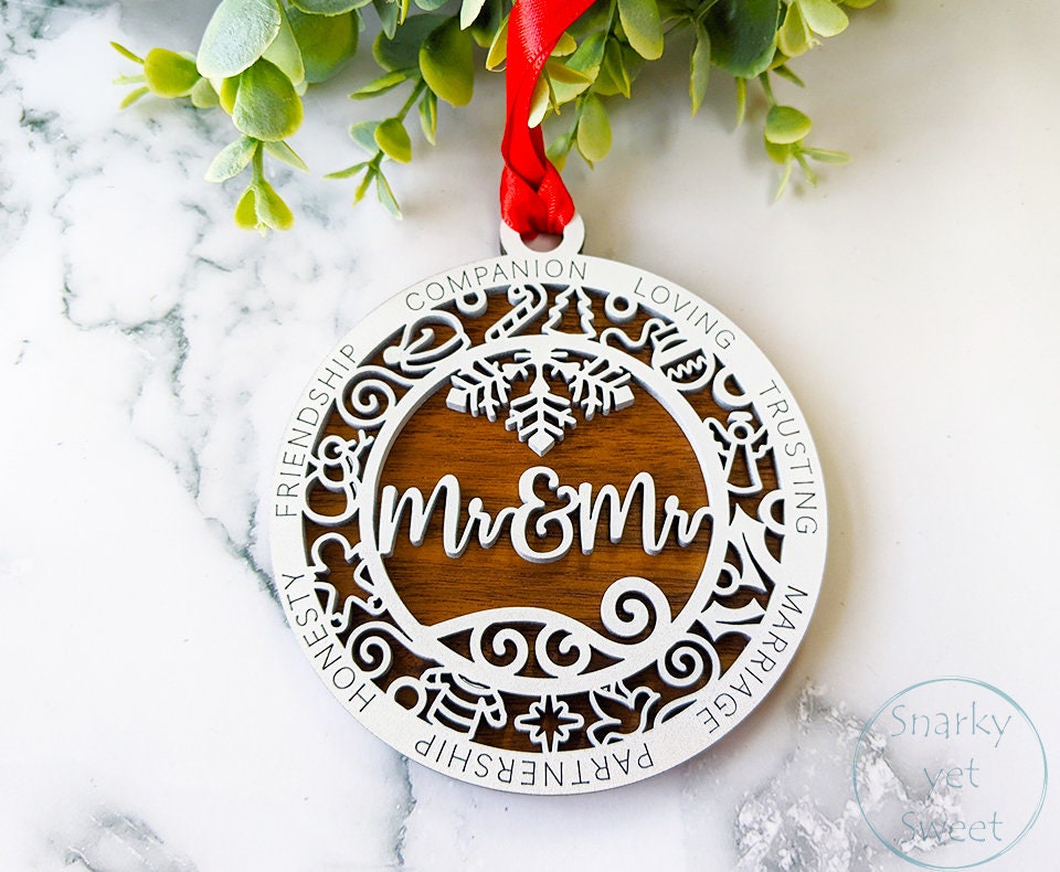 Mr & Mr layered ornament, spouse ornament, husband ornament, personalized ornament, unique wood ornament, laser cut ornament