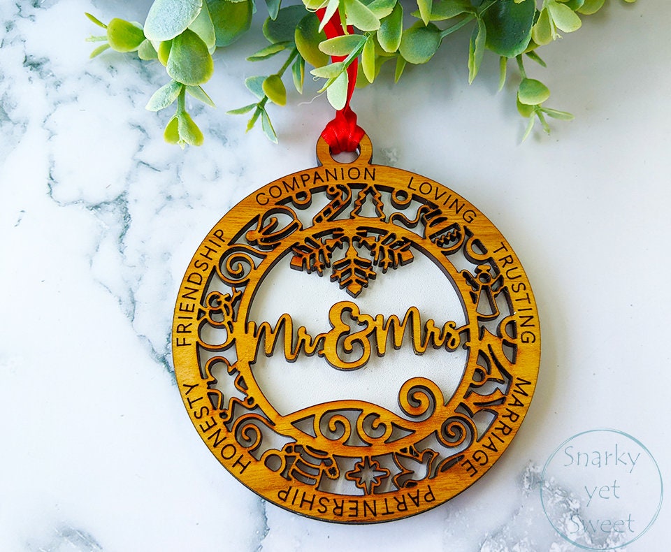 Mr & Mrs layered ornament, spouse ornament, wedding ornament, personalized ornament, unique wood ornament, laser cut ornament, new couple